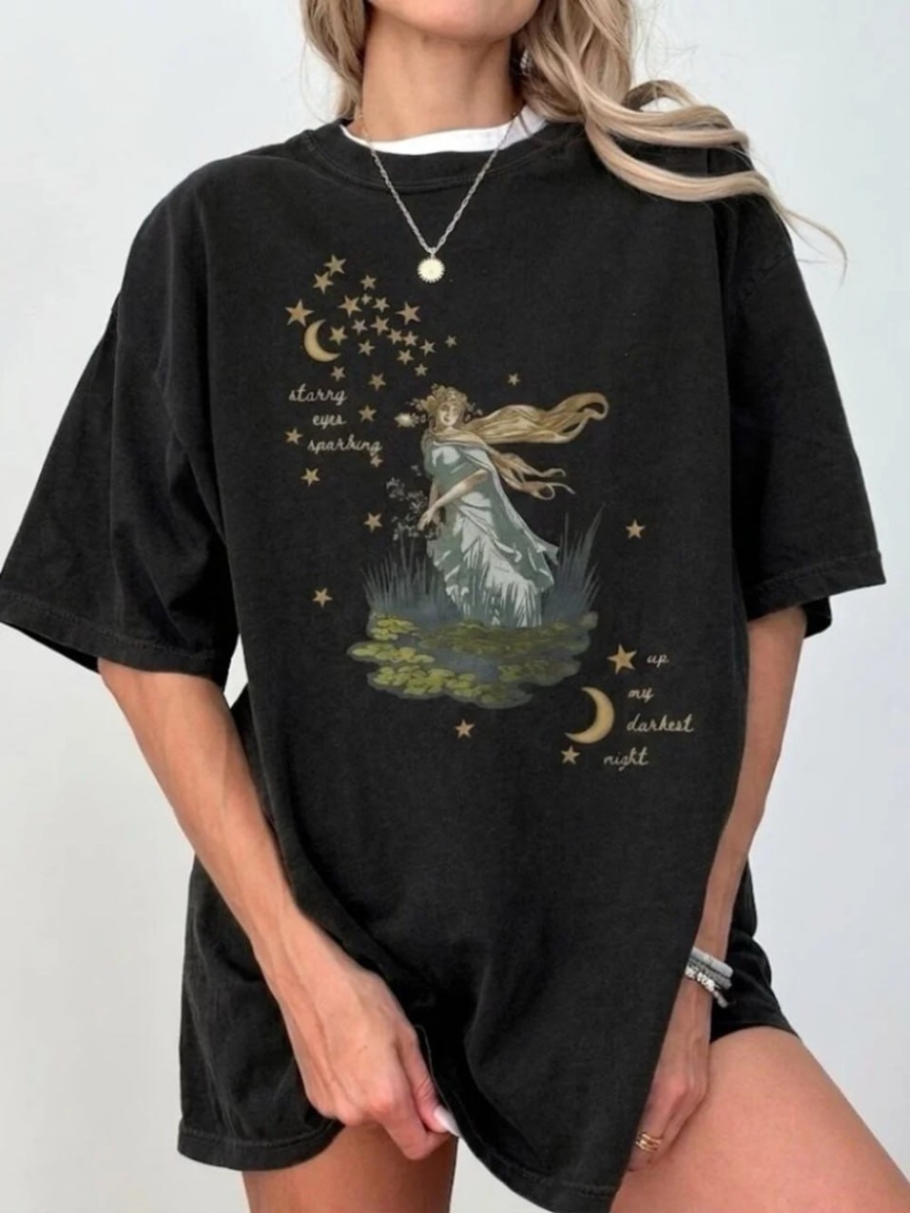 Black Tee with Celestial Goddess Graphic